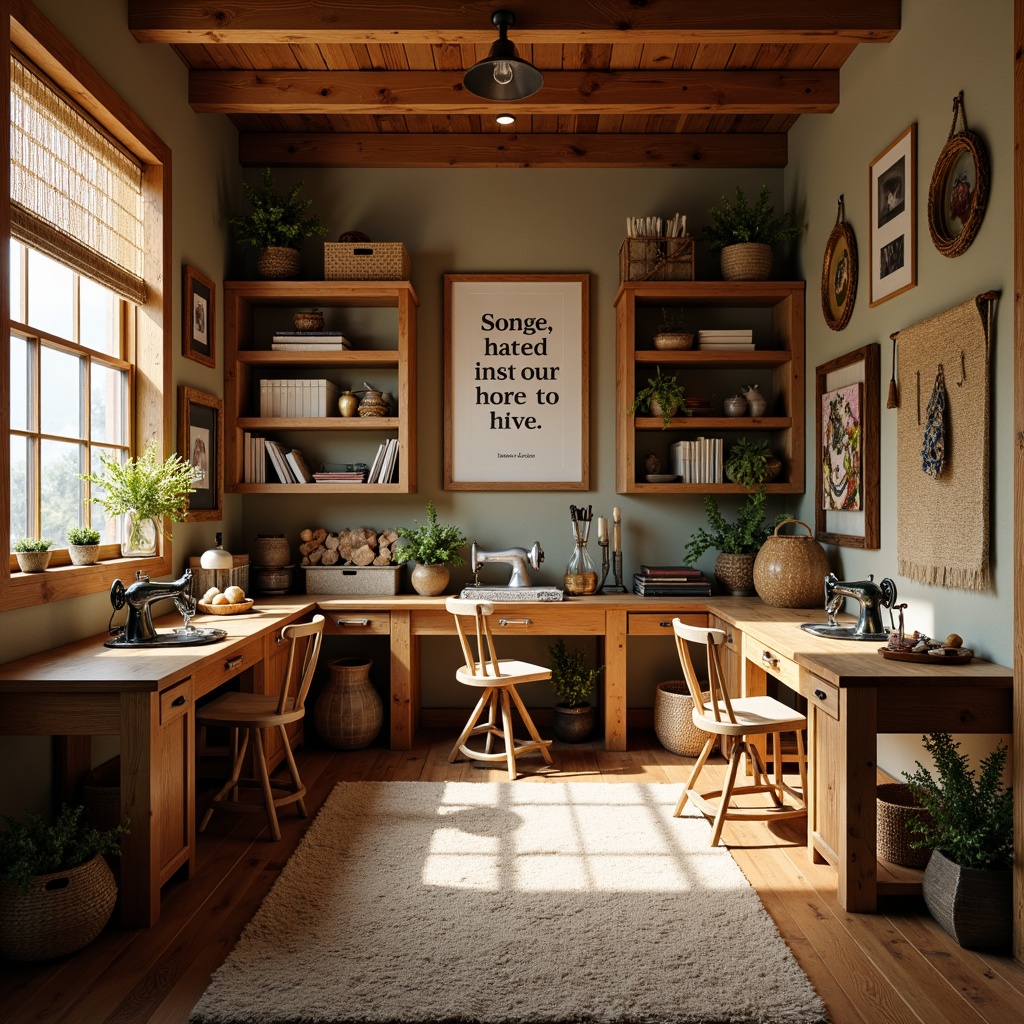 Prompt: Cozy craft room, warm wood tones, plush area rug, natural fiber textiles, vintage sewing machines, rustic wooden tables, distressed finishes, soft warm lighting, comfortable armchairs, built-in shelves, decorative storage baskets, woven wall hangings, earthy color palette, creative inspirational quotes, minimal ornamentation, soft focus blur, shallow depth of field, 1/2 composition, intimate atmosphere.