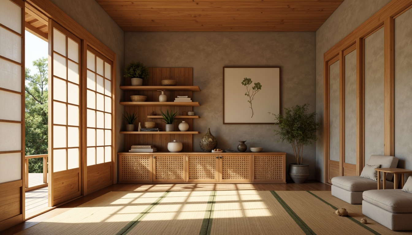 Prompt: Minimalist storage room, natural wood accents, sliding rice paper doors, woven bamboo baskets, traditional Japanese tatami mats, soft warm lighting, shallow depth of field, 1/1 composition, serene atmosphere, organized shelving units, decorative ceramic vases, Asian-inspired wall art, subtle texture patterns, calming color palette, harmonious spatial layout, functional storage solutions, sleek metal hardware, hidden compartments, clutter-free environment.