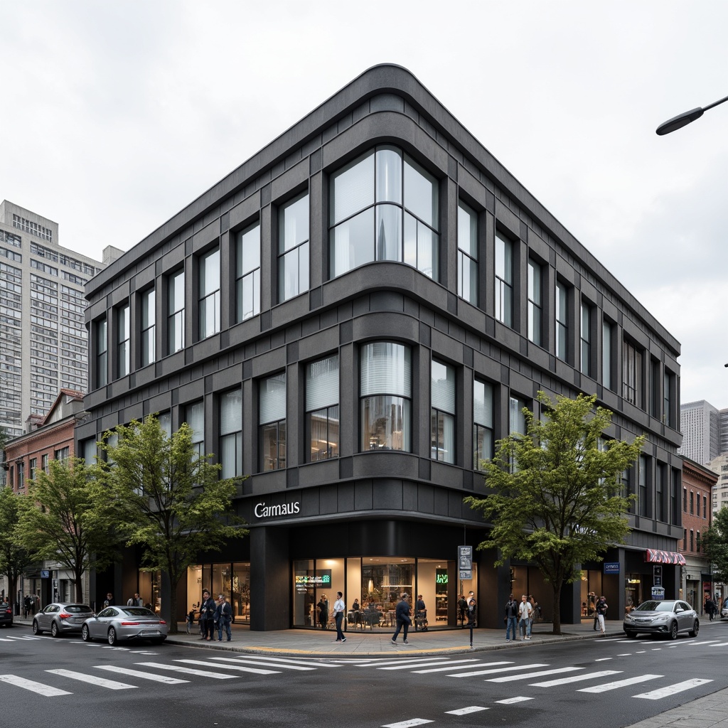 Prompt: Rectangular Bauhaus building, asymmetrical facade, large industrial windows, steel frames, minimalist ornamentation, functional simplicity, open floor plan, geometric shapes, monochromatic color scheme, bold typography, urban cityscape, cloudy day, soft diffused lighting, shallow depth of field, 1/1 composition, symmetrical reflection, realistic materials, ambient occlusion.