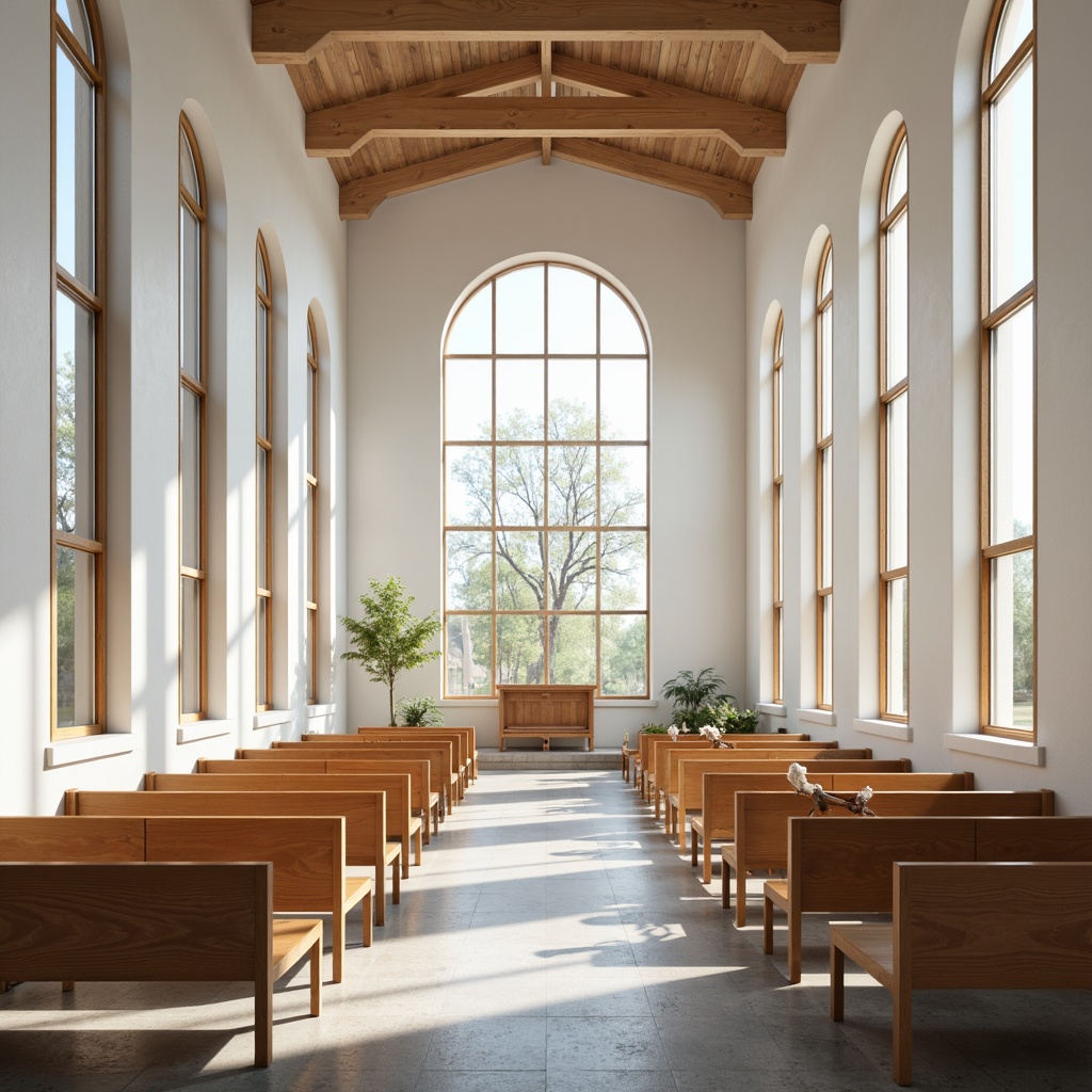 Prompt: Light-filled nave, minimalist decor, wooden pews, Nordic-inspired furnishings, vaulted ceilings, large windows, stained glass details, serene ambiance, natural stone floors, simplistic altar design, sparse ornamentation, functional layouts, harmonious proportions, airy atmosphere, soft diffused lighting, subtle color palette, 3/4 composition, symmetrical balance, realistic textures, ambient occlusion.