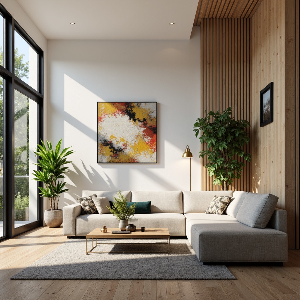 Prompt: Modern living room, sleek minimalist decor, comfortable sectional sofa, wooden coffee table, metallic floor lamp, abstract artwork, vibrant greenery, natural light pouring in, soft warm ambiance, 3/4 composition, realistic textures, ambient occlusion.