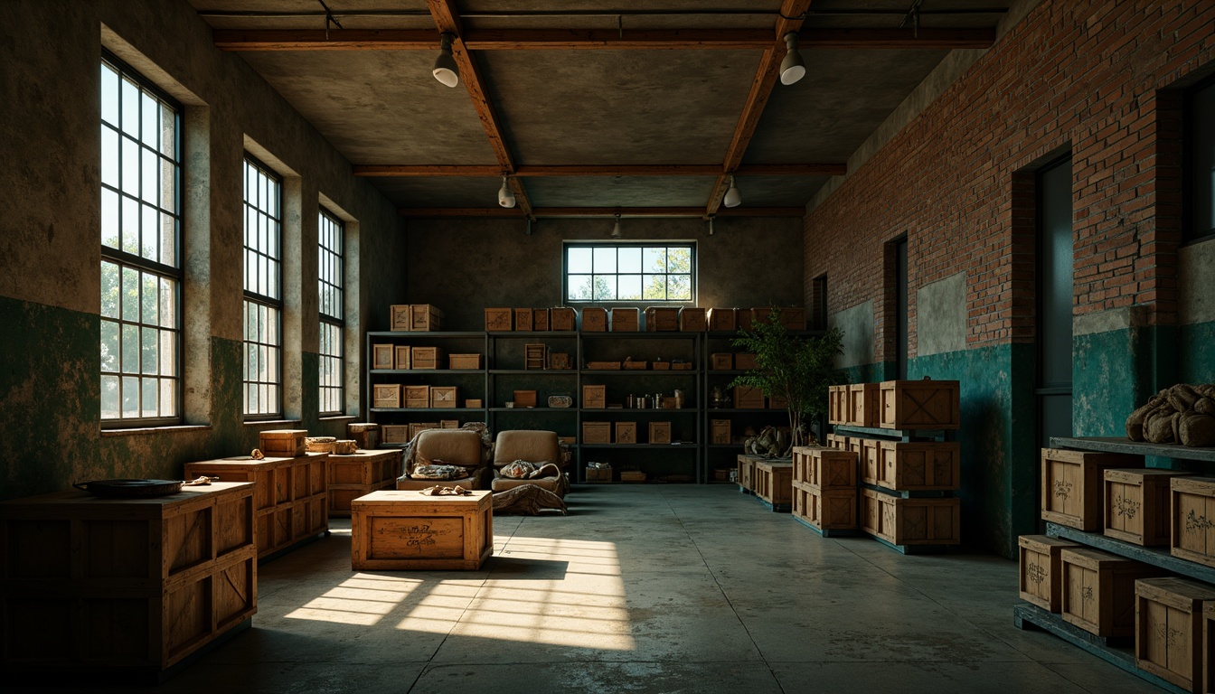 Prompt: Dimly lit storage room, rustic wooden crates, vintage metal shelves, distressed concrete walls, exposed brick accents, earthy color palette, muted brown tones, rich turquoise hues, warm golden lighting, soft focus, shallow depth of field, 1/1 composition, moody atmosphere, dramatic shadows, bold brushstrokes, textured surfaces, abstract expressionist patterns.