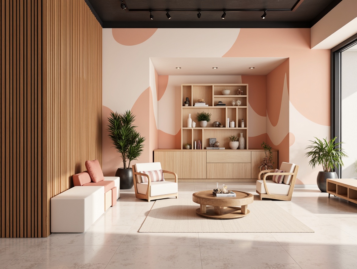 Prompt: Vibrant design studio, modern interior space, minimalist aesthetic, pastel color scheme, soft peach tones, creamy whites, rich charcoal accents, metallic silver hints, natural wood textures, sleek glass surfaces, abstract geometric patterns, bold typography, moody lighting, shallow depth of field, 1/1 composition, realistic renderings, ambient occlusion.