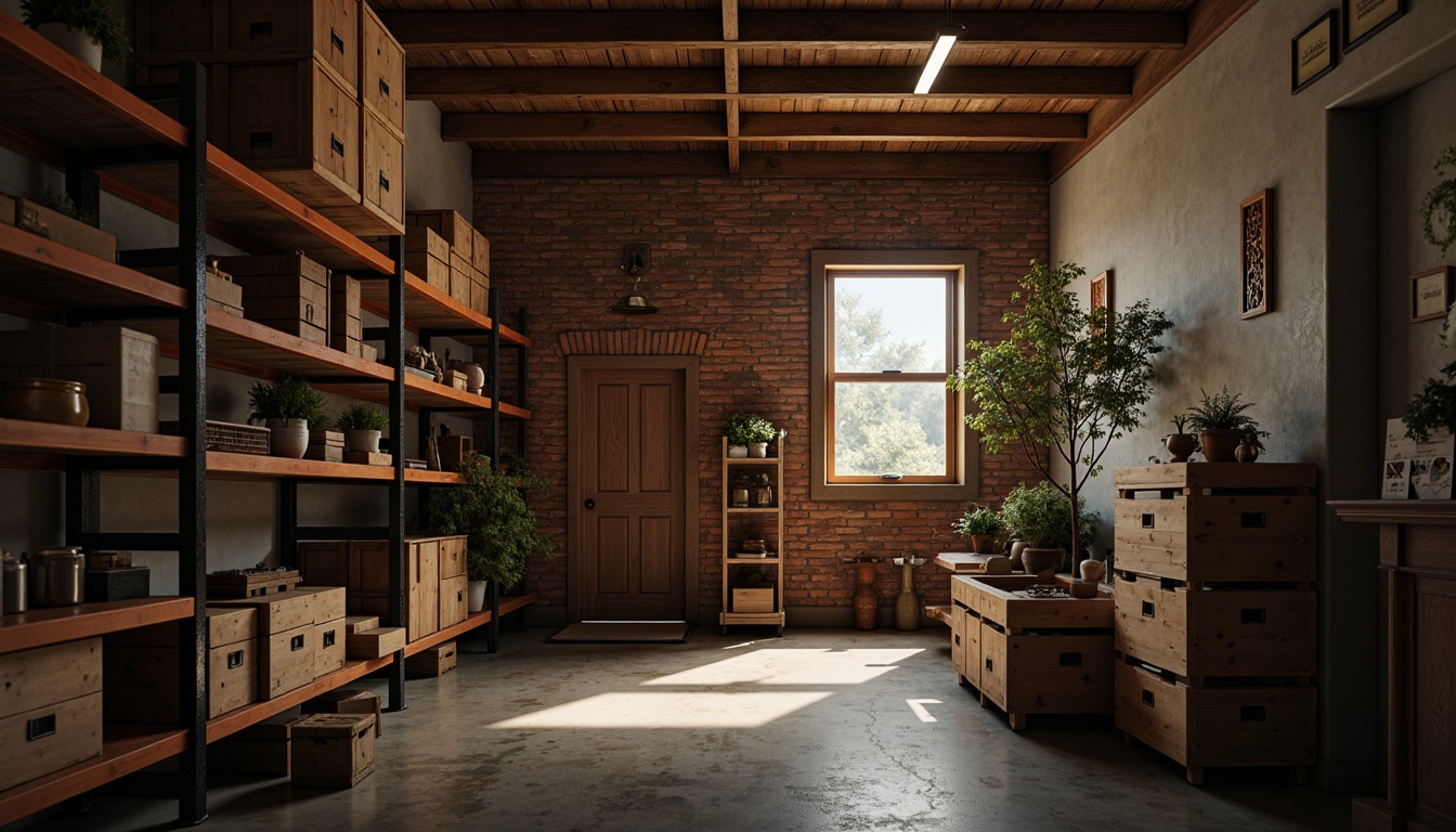 Prompt: Cozy storage room, industrial shelving units, metal racks, wooden crates, concrete floors, exposed brick walls, dim warm lighting, shallow depth of field, 1/1 composition, realistic textures, ambient occlusion, earthy color palette, functional decor, minimal ornaments.