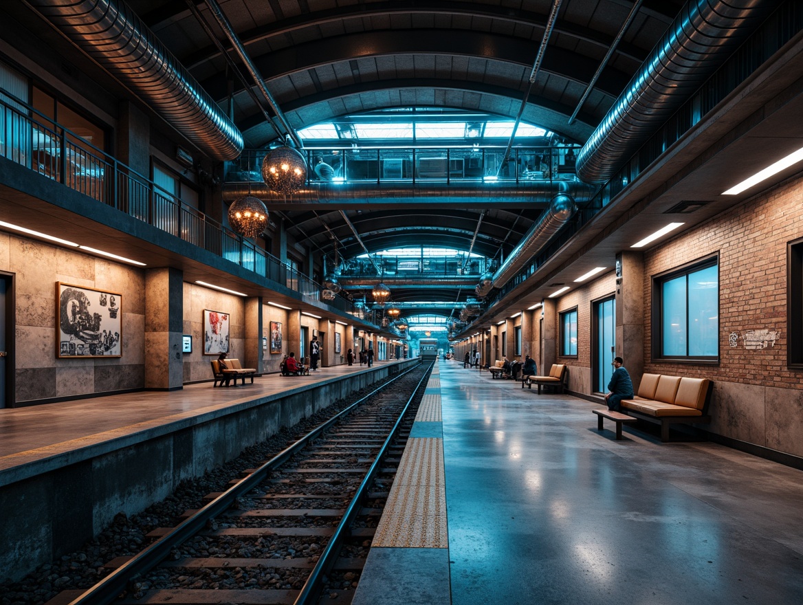 Prompt: Urban metro station, industrial style, exposed brick walls, metallic beams, concrete floors, modern LED lighting, futuristic neon signs, dynamic color-changing lights, high-ceilinged vaults, steel pipes, rugged stone columns, distressed wooden accents, industrial-style benches, urban graffiti, city maps, stainless steel handrails, minimalist chandeliers, overhead catwalks, dramatic shadow effects, warm ambient glow, softbox lighting, 3-point lighting, cinematic camera angles, realistic textures, advanced particle simulations.