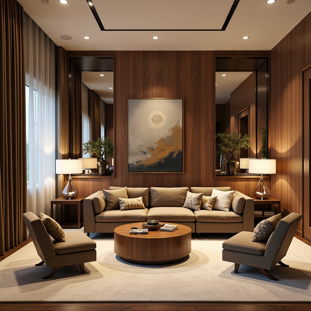 Prompt: Luxurious living room, plush sectional sofa, velvet armchairs, wooden coffee table, floor lamps, ornate mirrors, abstract artwork, soft cream carpets, rich walnut paneling, modern minimalist decor, 3/4 composition, warm softbox lighting, shallow depth of field, realistic textures, ambient occlusion.