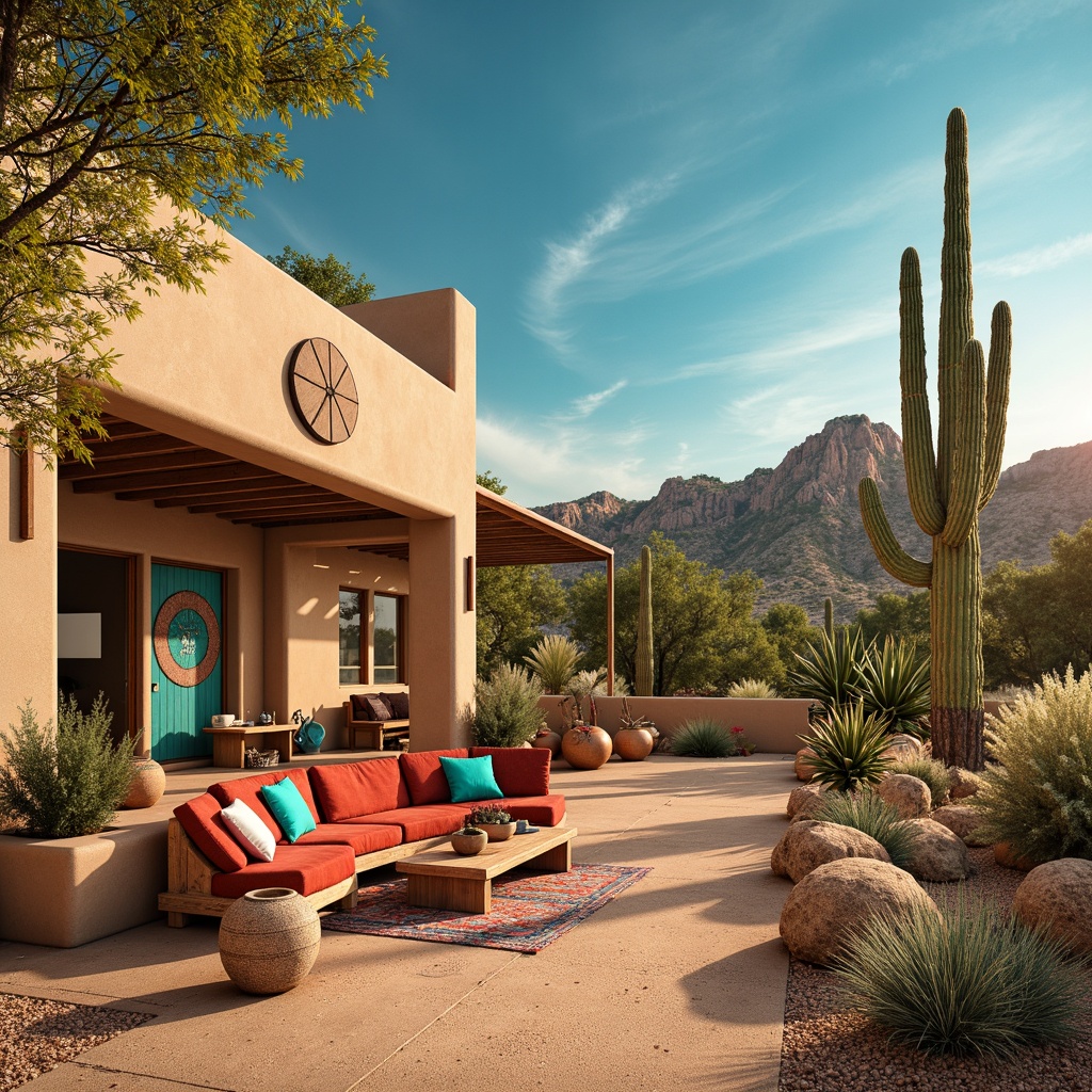 Prompt: Vibrant turquoise accents, bold red and orange hues, traditional Native American patterns, rustic wooden furniture, woven textiles, earthy terracotta pots, sandy beige walls, arid desert landscape, majestic saguaro cacti, bright clear blue sky, warm golden lighting, shallow depth of field, 1/1 composition, realistic textures, ambient occlusion.