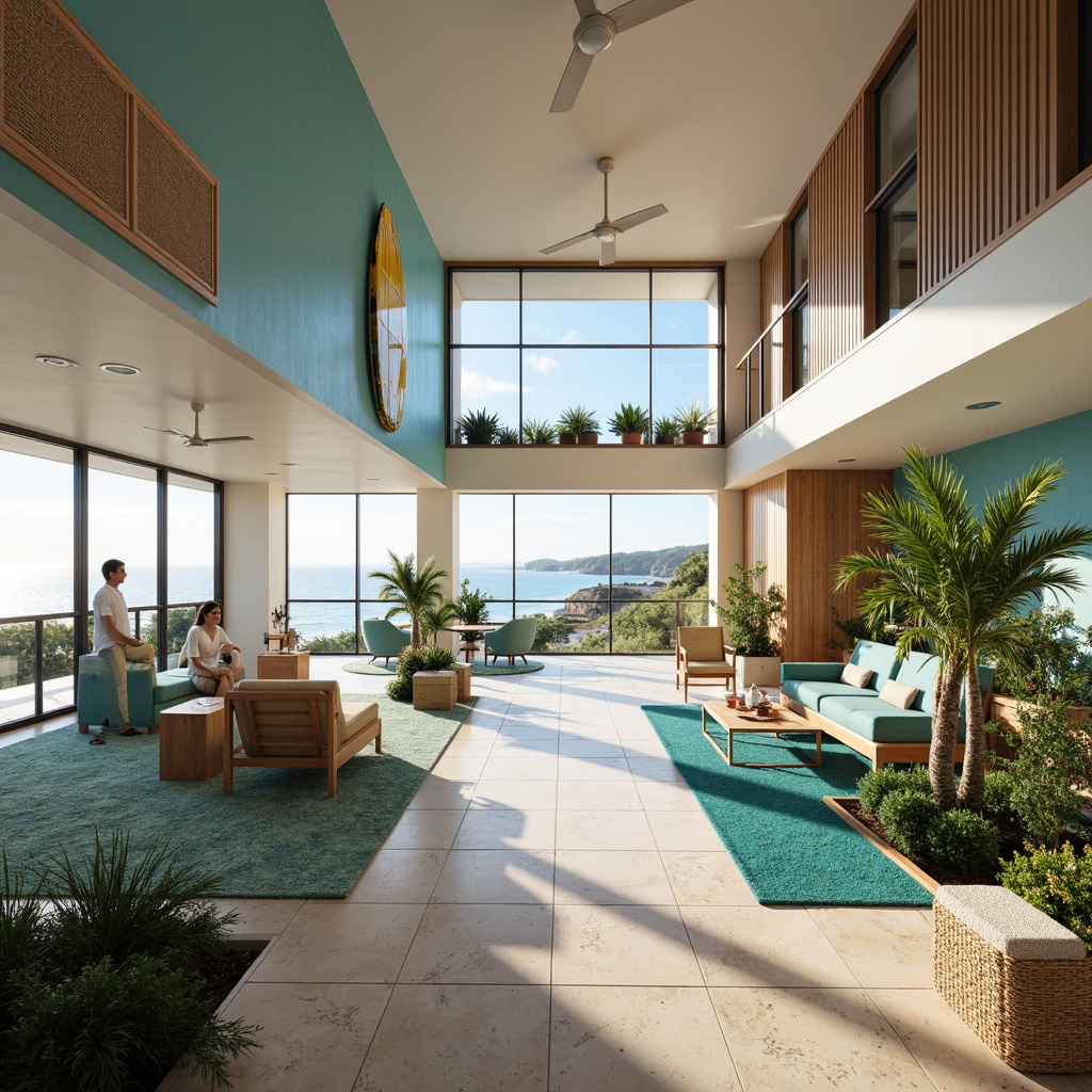 Prompt: Coastal-style student halls, ocean-inspired color palette, calming blue tones, natural wood accents, beachy textures, modern furniture designs, open-plan living areas, high ceilings, large windows, sliding glass doors, outdoor balconies, sea views, tropical plants, surfboard decorations, nautical-themed accessories, soft warm lighting, shallow depth of field, 3/4 composition, panoramic view, realistic textures, ambient occlusion.