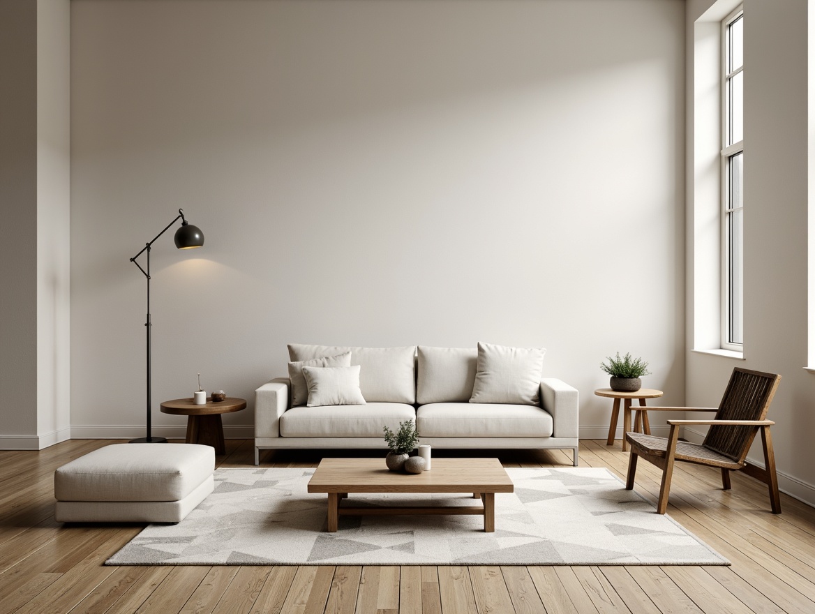 Prompt: Monochromatic living room, sleek low-profile sofa, minimalist coffee table, geometric-patterned rug, industrial metal floor lamp, Scandinavian-inspired wooden chairs, simple yet elegant side tables, calming beige walls, subtle natural textiles, soft diffused lighting, 1/1 composition, shallow depth of field, realistic wood grain textures, ambient occlusion.