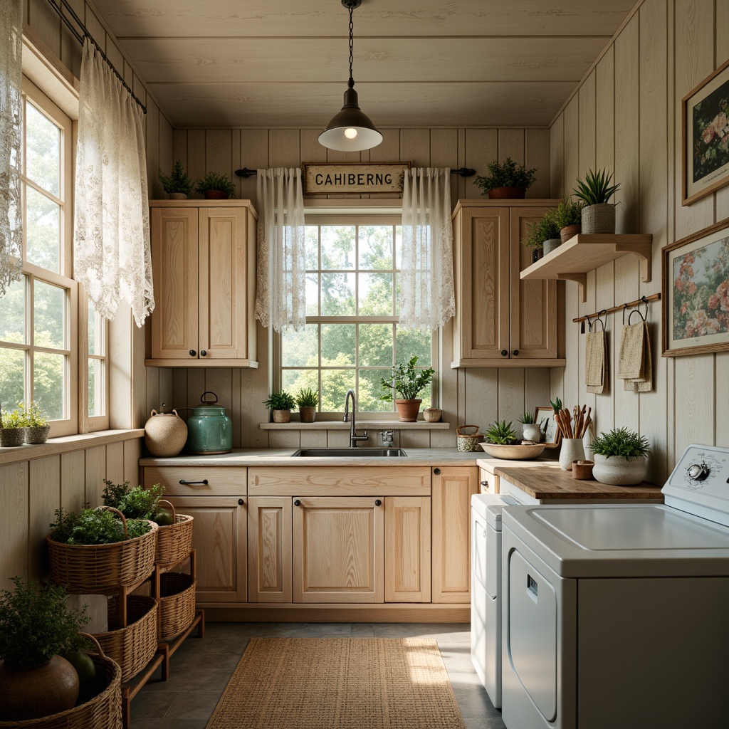 Prompt: Vintage laundry room, distressed wooden cabinets, soft pastel colors, lace curtains, floral patterns, rustic metal signs, antique washing machines, woven baskets, natural linen fabrics, warm creamy lighting, shallow depth of field, 1/1 composition, realistic textures, ambient occlusion, soft focus effect.Please let me know if this meets your requirements.