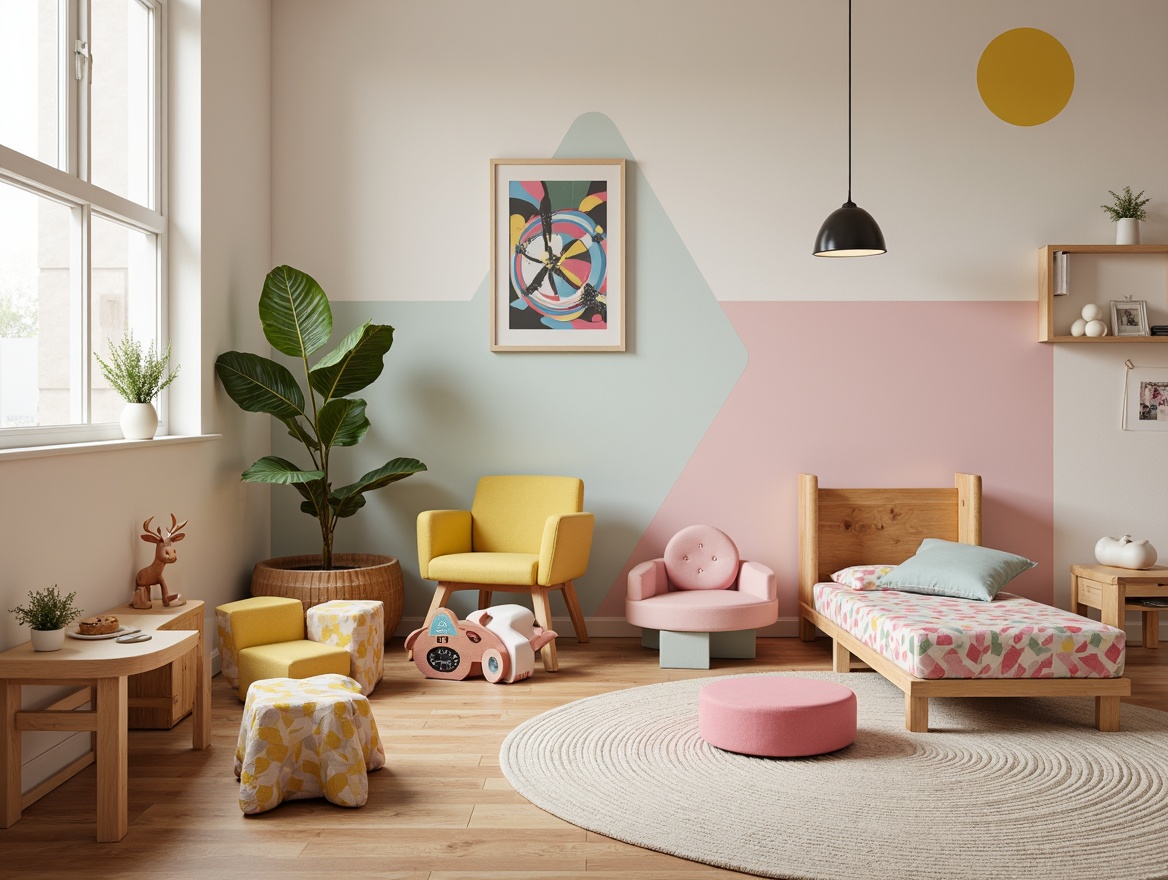 Prompt: Whimsical kids' room, playful furniture, bold colorful blocks, chunky wooden legs, irregular geometric shapes, vibrant pastel hues, soft cushioned seats, cozy reading nooks, eclectic mix of patterns, oversized buttons, whimsical cloud-shaped decorations, modern postmodernist style, abstract artwork, textured rugs, minimalist walls, warm atmospheric lighting, shallow depth of field, 1/1 composition, realistic textures, ambient occlusion.