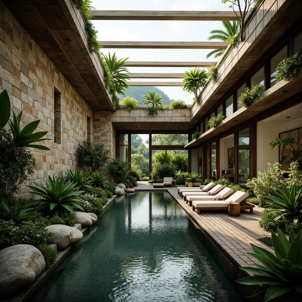 Prompt: Lush greenery, natural stone walls, water features, indoor pool, tropical plants, wooden decking, soft warm lighting, shallow depth of field, 3/4 composition, panoramic view, realistic textures, ambient occlusion, retractable roof, skylights, sliding glass doors, outdoor views, organic shapes, earthy tones, natural materials, seamless transitions, biophilic design, calming ambiance, serene atmosphere.