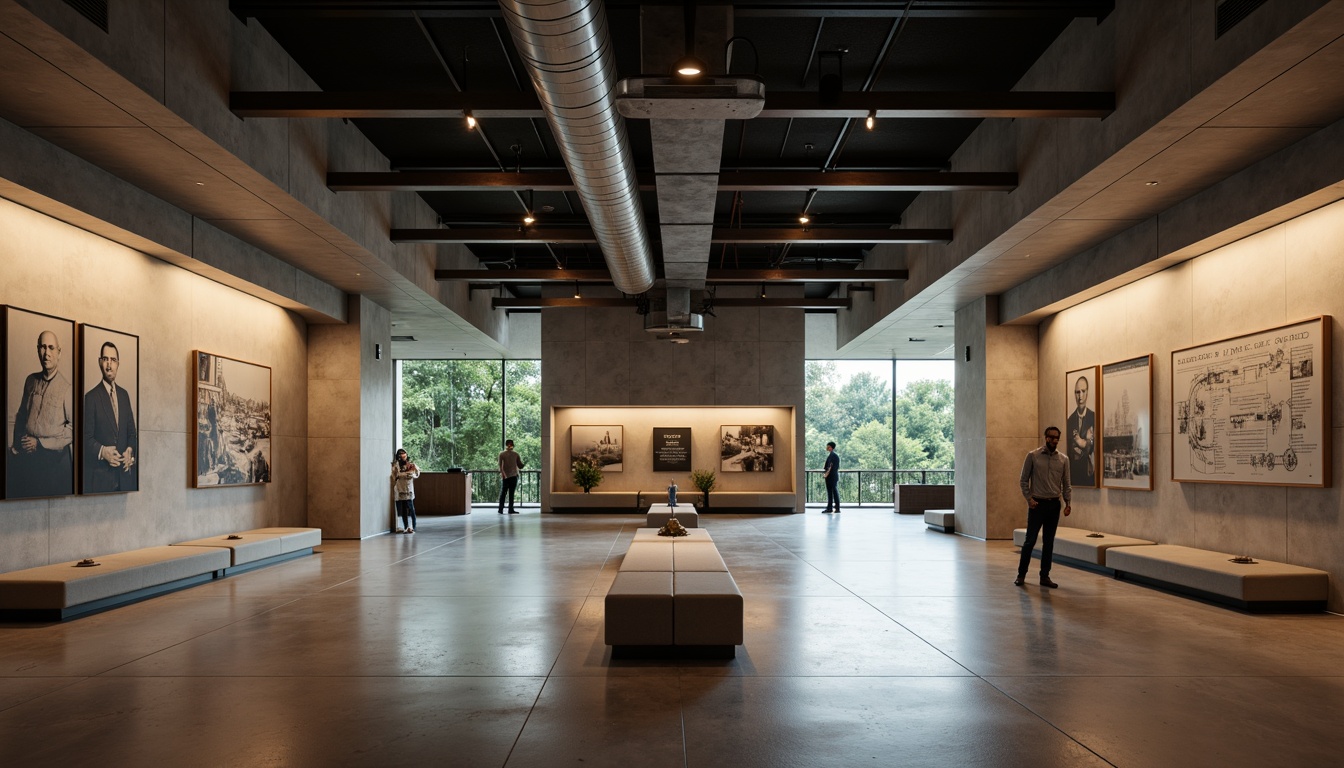 Prompt: \Solemn memorial center, minimalist architecture, polished concrete floors, sleek metal beams, industrial lighting fixtures, exposed ductwork, dimmable LED lights, warm ambient glow, subtle color temperature, historic photographs, commemorative plaques, solemn atmosphere, quiet reflection areas, natural stone walls, subtle texture variations, shallow depth of field, 1/1 composition, soft focus blur, realistic material textures, ambient occlusion.\