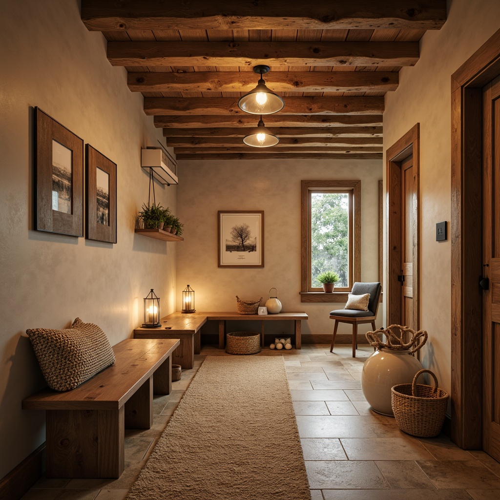 Prompt: Cozy mudroom, rustic wooden benches, warm beige tones, natural stone floors, woven baskets, plush area rugs, soft ambient lighting, table lamps, floor lamps, pendant lights, warm white LED bulbs, indirect illumination, layered lighting effects, 1/1 composition, shallow depth of field, realistic textures, ambient occlusion.