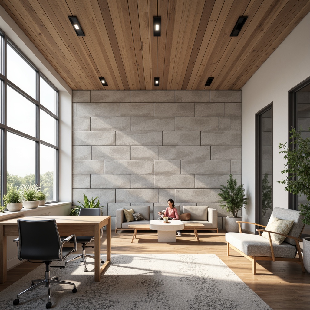 Prompt: Modern office interior, sound-absorbing acoustic panels, minimalist design, neutral color palette, wooden furniture, ergonomic chairs, sleek desks, abundant natural light, floor-to-ceiling windows, calming ambiance, reduced echo, improved speech clarity, optimized noise reduction, geometric patterned textiles, soft warm lighting, 1/1 composition, realistic materials, subtle shading.