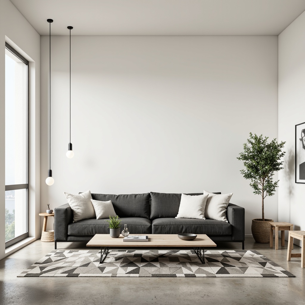 Prompt: Monochromatic living room, sleek low-profile sofa, minimalist coffee table, geometric-patterned rug, industrial metal legs, Scandinavian-inspired wooden chairs, simple suspended pendant lights, natural fiber textiles, creamy white walls, polished concrete floors, subtle shadow accents, ambient softbox lighting, 1/1 composition, shallow depth of field, realistic reflections.