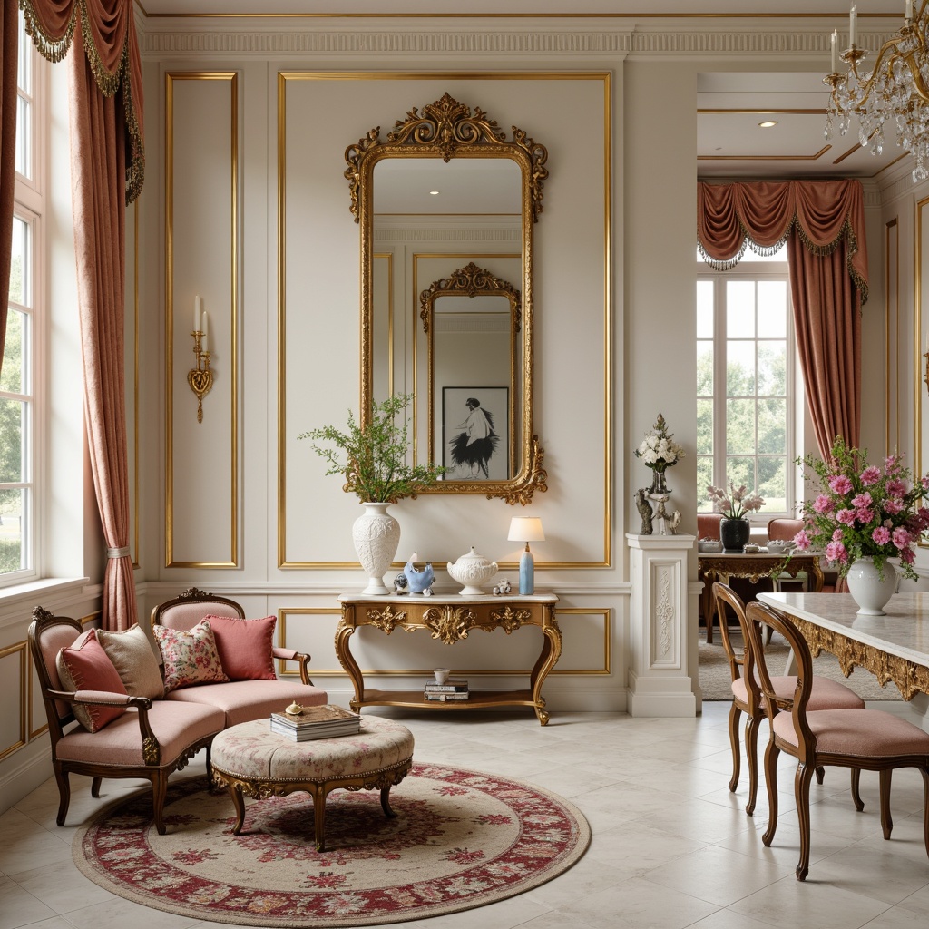 Prompt: Ornate mirror frames, delicate porcelain vases, soft pastel hues, lavish velvet fabrics, intricately carved wooden furniture, gilded metal accents, ornamental flower patterns, feminine decorative touches, luxurious marble countertops, elegant crystal chandeliers, refined French-inspired architecture, warm golden lighting, shallow depth of field, 1/1 composition, realistic textures, ambient occlusion.