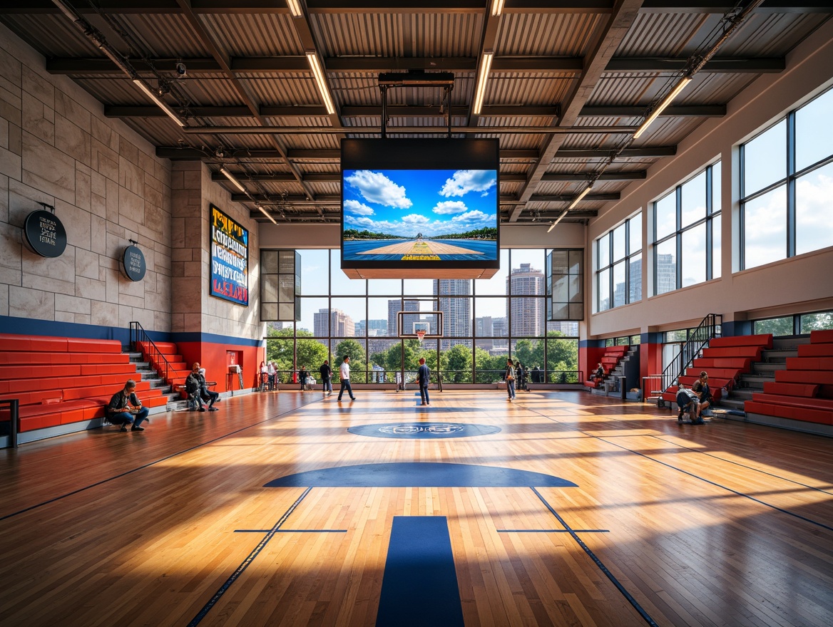 Prompt: Vibrant gymnasium interior, bold primary colors, energetic accents, polished wooden floors, modern sports equipment, dynamic lighting, motivational quotes, athletic tracks, basketball courts, bleacher seating areas, natural stone walls, exposed ductwork, industrial-style windows, urban city views, cloudy blue skies, softbox lighting, shallow depth of field, 2/3 composition, realistic textures, ambient occlusion.