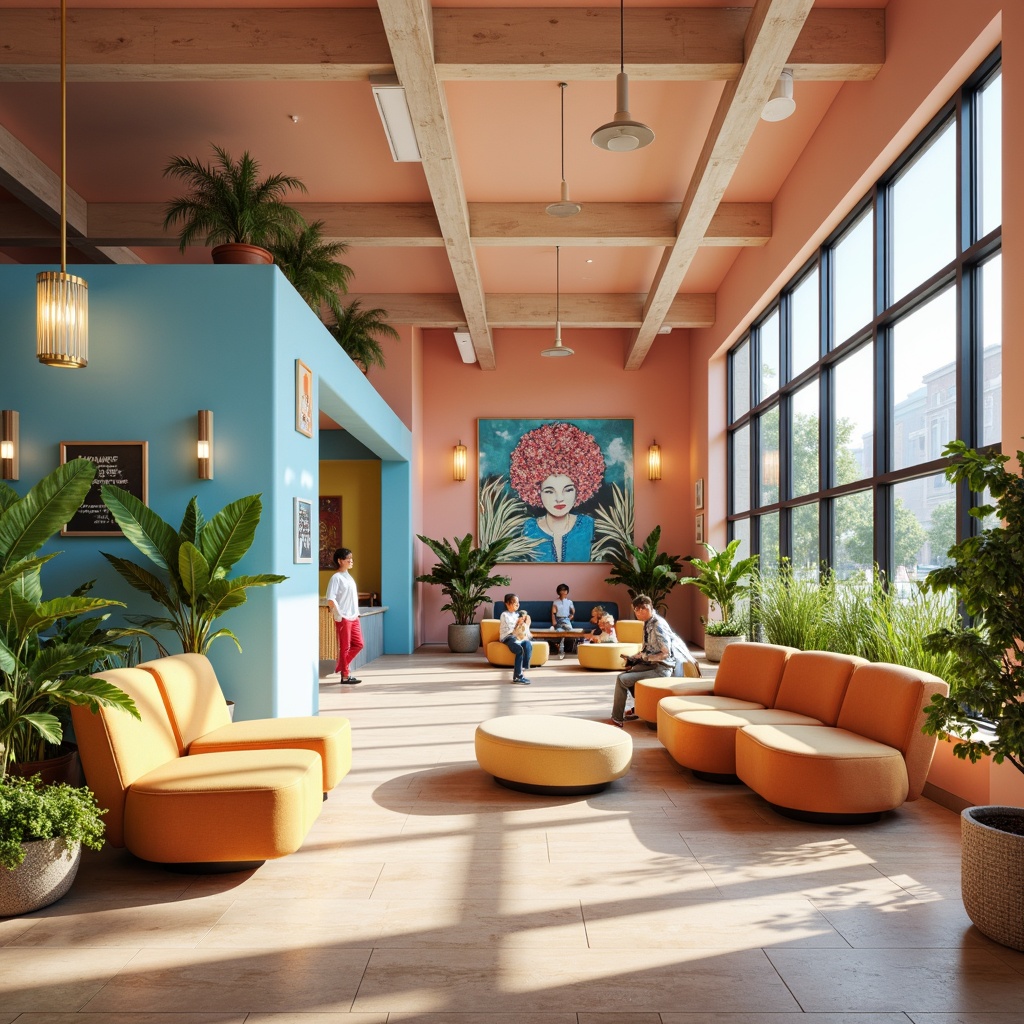 Prompt: Vibrant youth center, pastel hues, soft peach walls, calming blue accents, warm beige floors, natural wood tones, playful colorful furniture, whimsical lighting fixtures, cozy reading nooks, plush greenery, lively street art, urban modern architecture, large windows, abundant natural light, shallow depth of field, 1/1 composition, realistic textures, ambient occlusion.