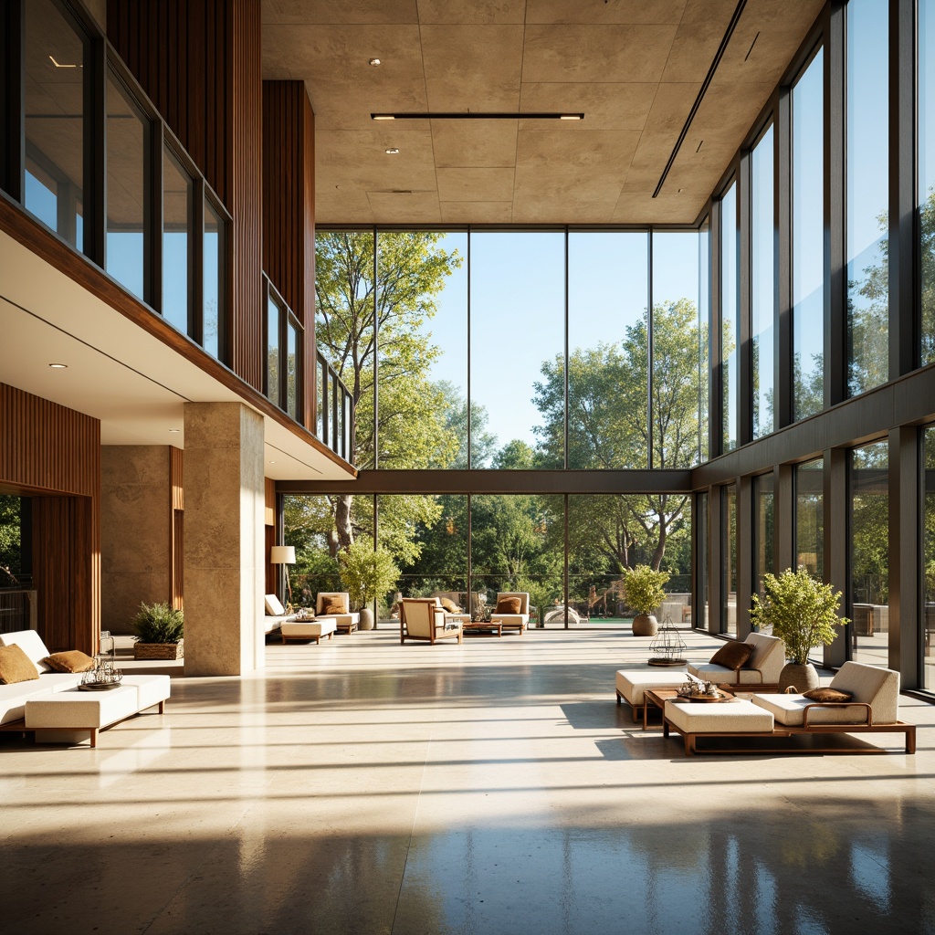 Prompt: Spacious interior, high ceiling, large windows, glass doors, transparent walls, natural stone flooring, wooden accents, minimal decor, airy feel, abundant sunlight, soft warm lighting, shallow depth of field, 3/4 composition, realistic textures, ambient occlusion.