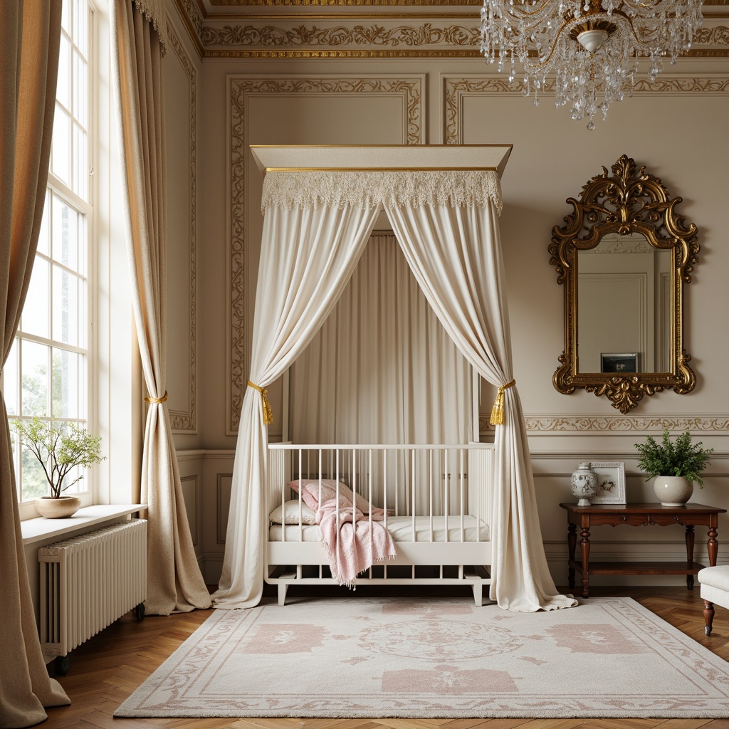 Prompt: Richly ornamented crib, soft cream walls, warm golden accents, plush velvet drapes, intricate wood carvings, ornate mirrors, lavish chandeliers, delicate lace canopies, gentle pastel hues, soothing beige tones, creamy whites, muted pinks, powder blues, subtle sheens, luxurious fabrics, opulent furnishings, grandiose architecture, dramatic lighting, cinematic composition, shallow depth of field, warm soft focus.