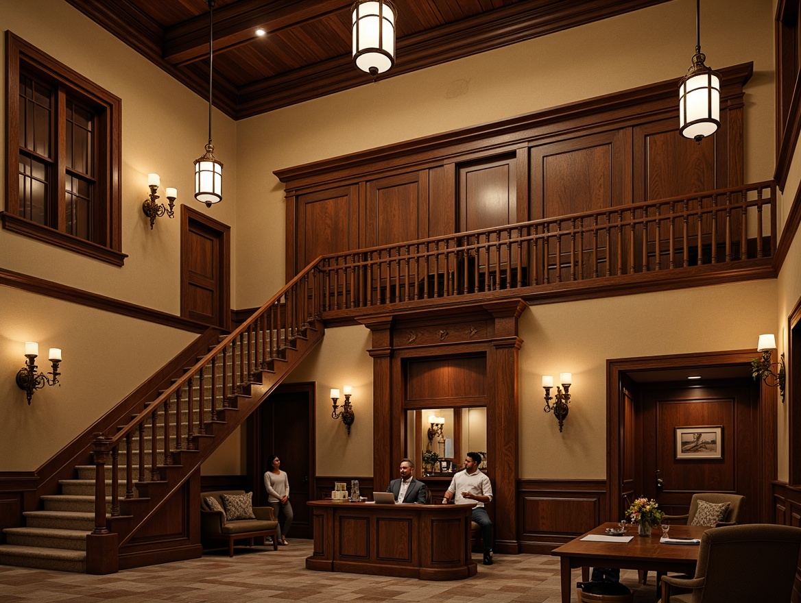 Prompt: Warm courthouse interior, craftsman style, wooden accents, ornate details, grand staircase, rustic chandeliers, pendant lanterns, bronze sconces, ambient warm lighting, soft glow, natural textures, earthy tones, cozy atmosphere, rich wood paneling, traditional fixtures, classic architectural elements, inviting public spaces, comfortable seating areas, subtle color palette, creamy whites, weathered woods, elegant metalwork, refined details, subtle ornamentation.