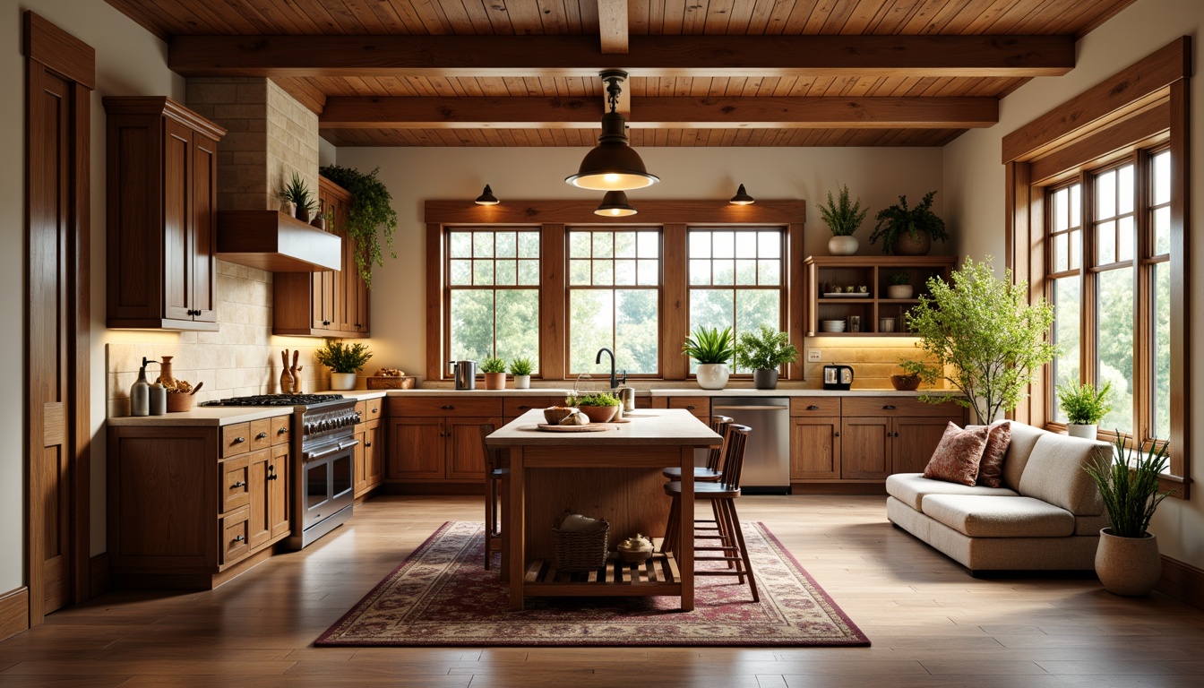 Prompt: Warm kitchen ambiance, rich wood tones, Craftsman-style cabinetry, ornate wooden details, rustic metal hardware, earthy color palette, natural stone countertops, butcher-block island, pendant lighting fixtures, soft warm glow, cozy breakfast nook, plush area rug, traditional kitchen sink, farmhouse-style faucet, built-in appliances, classic Shaker-inspired design, creamy white walls, wooden beams, comfortable seating area, lush greenery, sunny morning light, shallow depth of field, 1/1 composition, realistic textures.