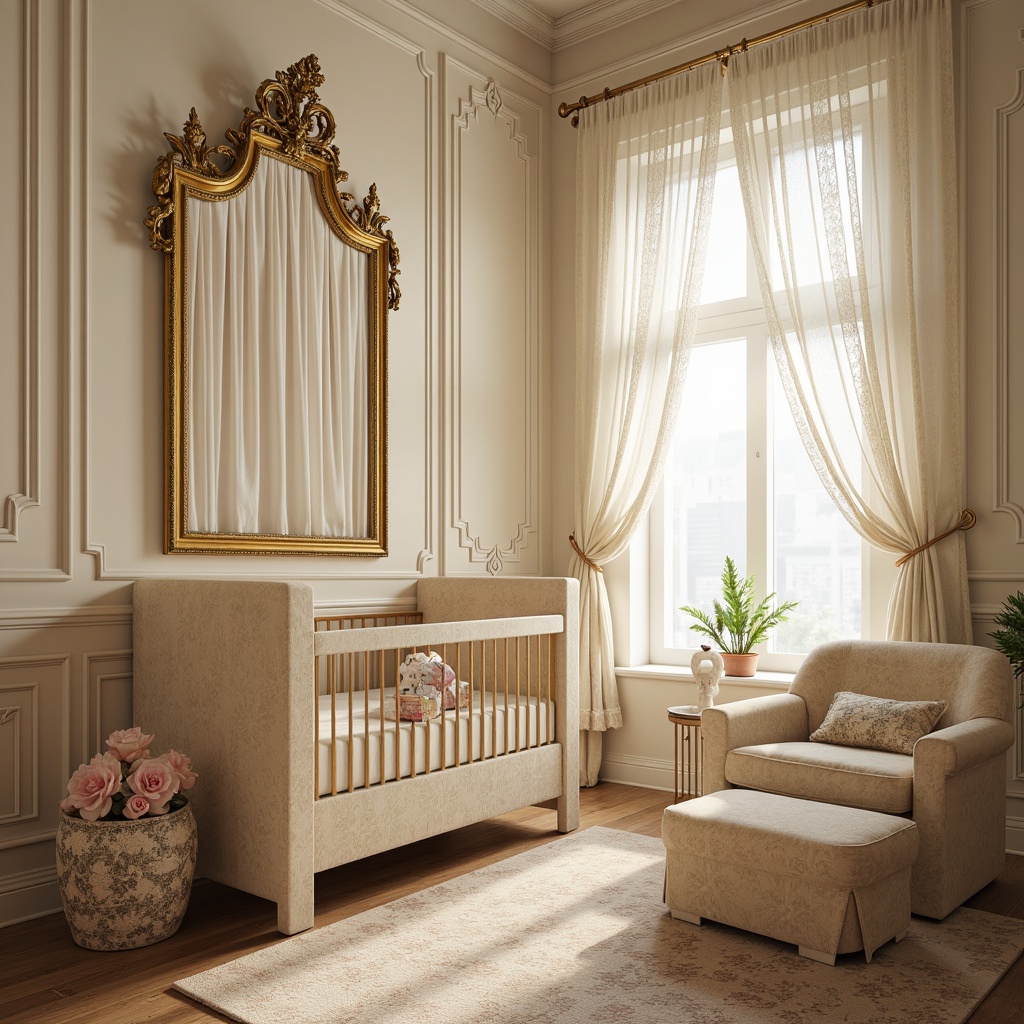 Prompt: Lavish baby nursery, soft cream walls, ornate golden frames, delicate lace curtains, plush velvet furniture, intricate wooden carvings, ornamental flower patterns, pastel color palette, gentle warm lighting, shallow depth of field, 1/2 composition, intimate atmosphere, realistic textures, ambient occlusion, subtle shadows.