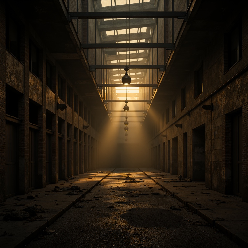 Prompt: Dark mysterious atmosphere, intense shadows, dramatic spotlighting, warm golden lighting, high contrast ratio, cinematic mood, foggy misty air, eerie silence, abandoned industrial setting, rusted metal beams, crumbling brick walls, flickering fluorescent lights, dimly lit corridors, ominous tone, low-key color palette, high-drama composition, 2.35