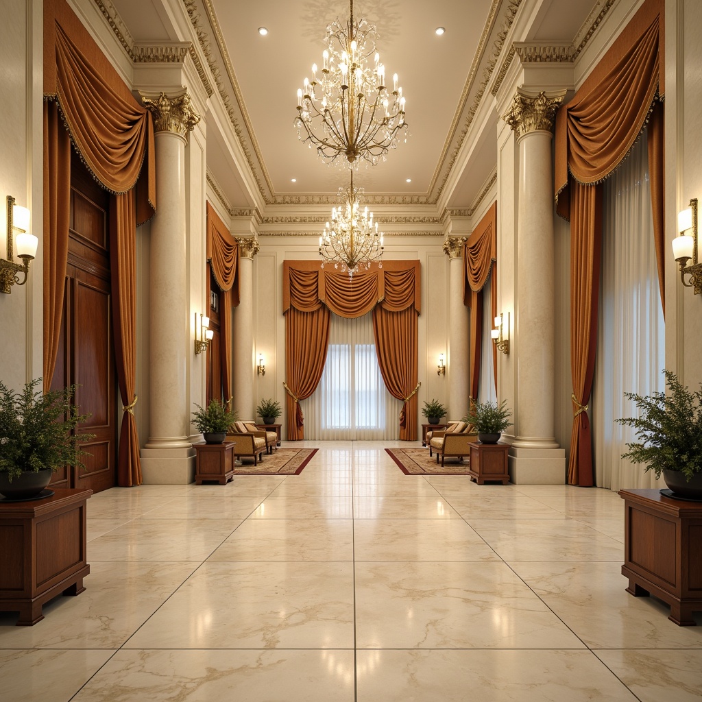 Prompt: Creamy marble floors, ornate moldings, grandiose chandeliers, stately columns, luxurious velvet drapes, polished wooden furniture, subtle gold accents, soft diffused lighting, shallow depth of field, 1/2 composition, warm beige color palette, ornamental plasterwork, richly patterned rugs, elegant waiting areas, serene atmosphere, realistic textures, ambient occlusion.