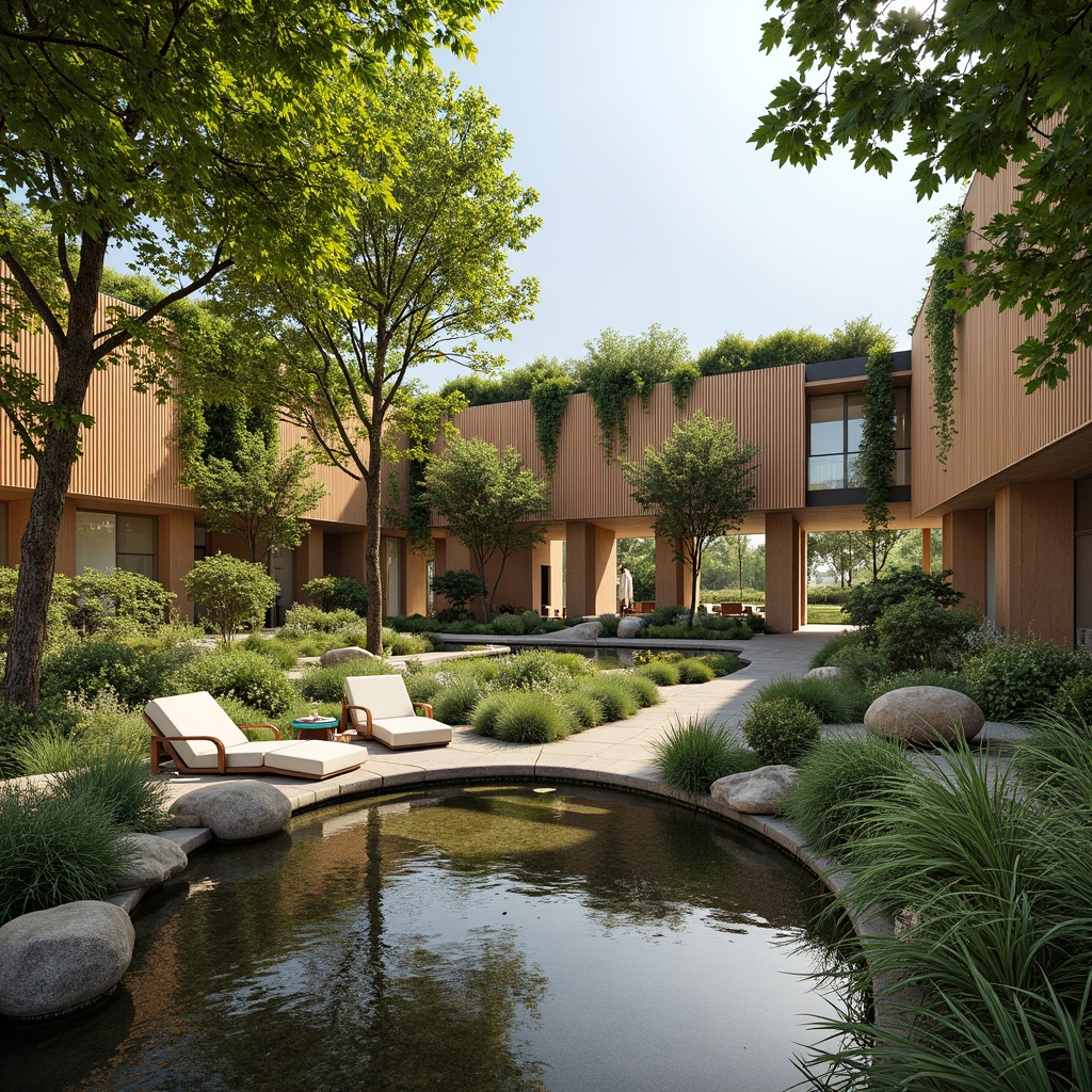 Prompt: Soothing healthcare facility, lush green walls, natural wood accents, calming water features, abundant daylight, living green roofs, serene outdoor spaces, meandering walking paths, organic shapes, earthy color palette, minimalist decor, nature-inspired artwork, peaceful ambiance, warm soft lighting, shallow depth of field, 1/2 composition, realistic textures, ambient occlusion.