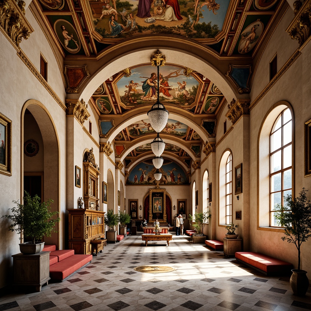 Prompt: Vibrant monastery interior, ornate fresco ceilings, richly decorated vaulted arches, golden accents, intricate stucco moldings, Baroque-era inspired furnishings, lavish tapestries, grandiose chandeliers, soft warm lighting, shallow depth of field, 3/4 composition, realistic textures, ambient occlusion, serene atmosphere, quiet contemplation, ornate altarpieces, gilded frames, vividly colored biblical scenes, elaborate marble flooring, grand staircases, sweeping archways.