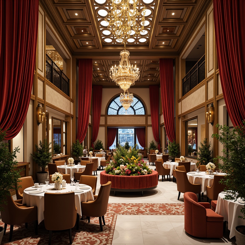 Prompt: Luxurious dining hall, ornate chandeliers, geometric patterns, metallic accents, velvet drapes, marble floors, curved lines, opulent furniture, bold color schemes, intricate inlays, sculptural decorations, lavish centerpieces, circular tables, high-backed chairs, tufted upholstery, polished wood, rich textiles, warm ambient lighting, shallow depth of field, 1/1 composition, realistic reflections, soft focus effect.