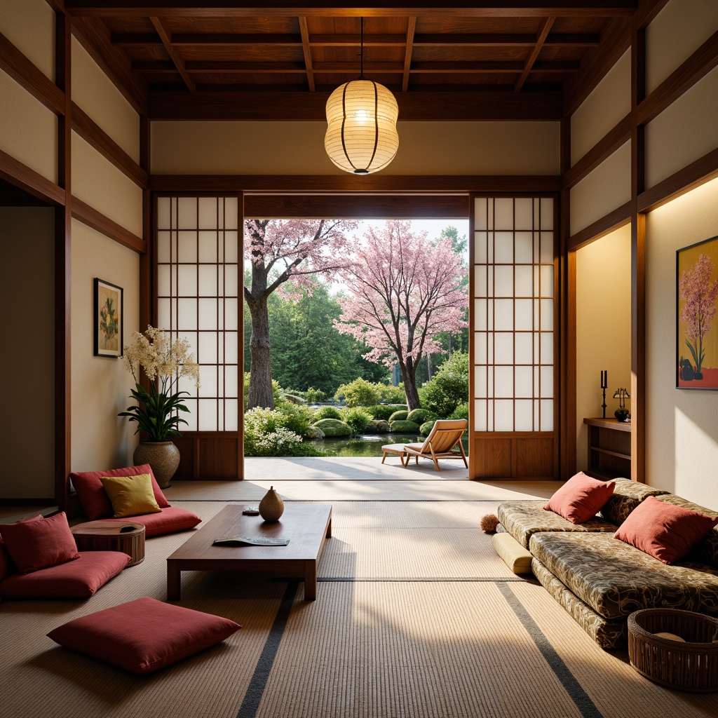 Prompt: Traditional Japanese sliding doors, natural wood accents, woven bamboo flooring, delicate cherry blossom patterns, ornate paper lanterns, intricately carved wooden furniture, vibrant silk fabrics, minimalist low-seating areas, tranquil water features, lush greenery, subtle aromas of incense, warm soft lighting, shallow depth of field, 3/4 composition, realistic textures, ambient occlusion.