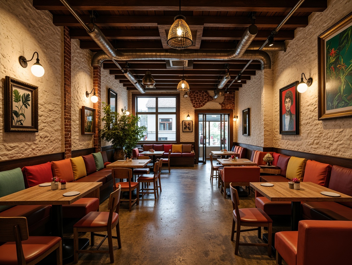 Prompt: Vibrant eclectic restaurant interior, distressed wooden tables, mismatched chairs, colorful upholstery, plush throw pillows, industrial metal lighting fixtures, reclaimed wood accents, exposed brick walls, ornate mirrors, abstract artwork, lively atmosphere, warm cozy ambiance, soft warm lighting, shallow depth of field, 1/1 composition, realistic textures, ambient occlusion.