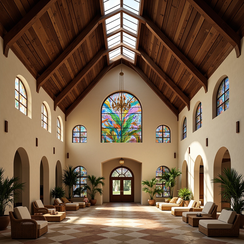 Prompt: Vaulted ceilings, wooden beams, natural ventilation, stained glass windows, colorful mosaic tiles, ornate chandeliers, tropical foliage patterns, palm tree motifs, wicker furniture accents, woven bamboo textures, warm beige colors, soft cream hues, subtle wood grain details, high arches, grand entranceways, dramatic vertical spaces, clerestory lighting, diffuse warm illumination, 1/1 composition, symmetrical balance, realistic material renderings.