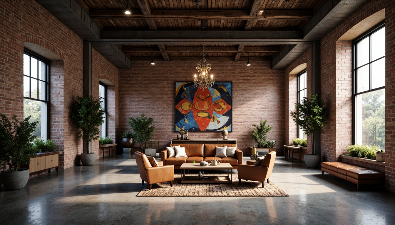 Prompt: Exposed brick walls, industrial metal beams, reclaimed wood accents, polished concrete floors, vintage factory windows, distressed leather sofas, ornate metal chandeliers, eclectic decorative artifacts, abstract artwork, bold color schemes, atmospheric lighting, shallow depth of field, 1/1 composition, cinematic view, realistic textures, ambient occlusion.