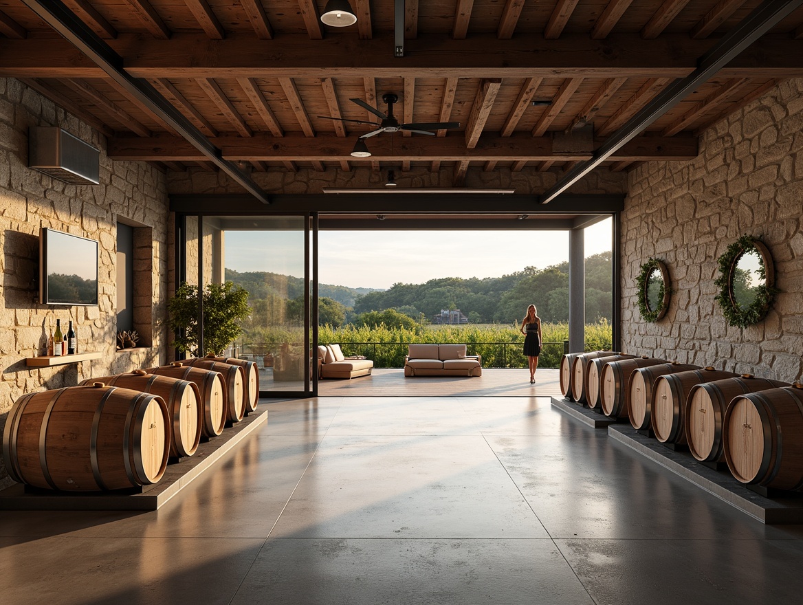 Prompt: Rustic winery, modern industrial style, polished concrete floors, reclaimed wood accents, metal beams, exposed ductwork, earthy color palette, natural stone walls, wooden barrels, vineyard views, large windows, sliding glass doors, warm ambient lighting, shallow depth of field, 1/1 composition, realistic textures, ambient occlusion.Let me know if this meets your expectations!