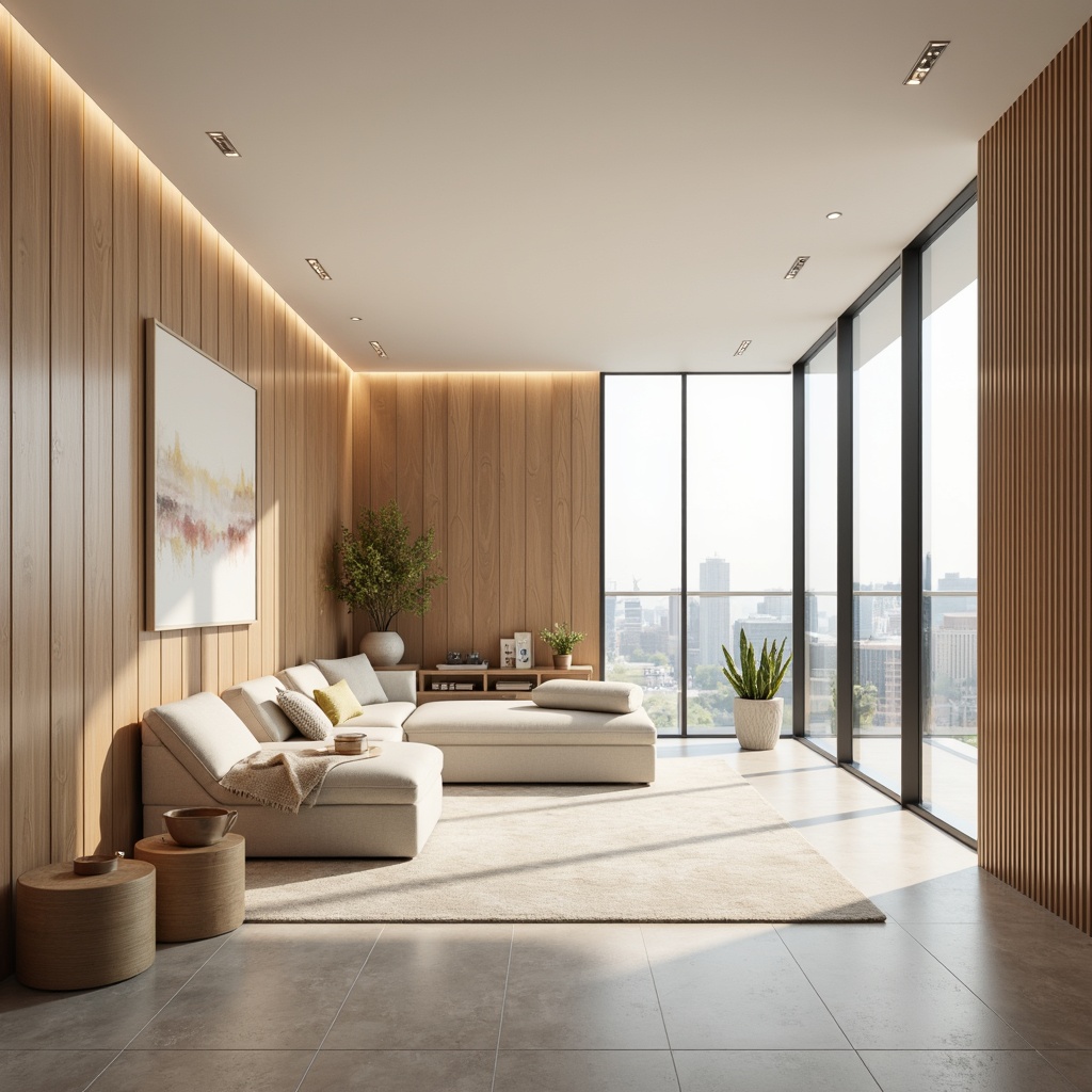 Prompt: Modern minimalist interior, calming atmosphere, soft pastel hues, creamy whites, rich wood tones, bold accent walls, metallic accents, sleek lines, geometric patterns, abstract artwork, floor-to-ceiling windows, natural light, warm ambient glow, shallow depth of field, 1/1 composition, realistic textures, subtle gradient effects.