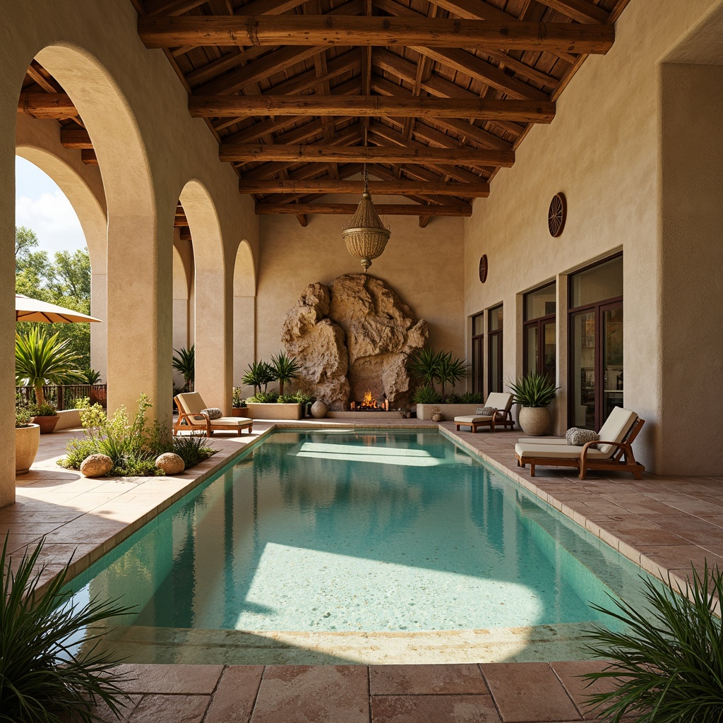 Prompt: Luxurious indoor pool area, southwestern-inspired architecture, warm beige walls, elegant stone flooring, turquoise water, natural rock formations, tropical plants, wooden accents, rustic ceiling beams, grand chandeliers, plush lounge seating, vibrant colorful tiles, soft warm lighting, shallow depth of field, 1/1 composition, realistic textures, ambient occlusion.