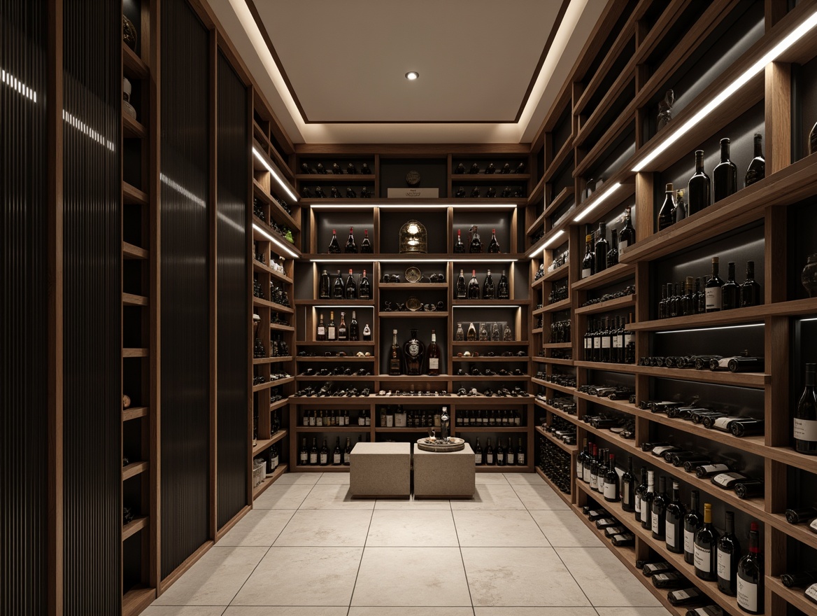 Prompt: Minimalist wine cellar, sleek metal shelving, glass-enclosed storage, climate-controlled environment, dark wood accents, LED strip lighting, subtle ambient glow, 3/4 composition, shallow depth of field, panoramic view, realistic textures, ambient occlusion, stone flooring, recessed display niches, label-forward bottle storage, precision-crafted cabinetry, matte black hardware, warm neutral color palette, soft warm lighting, serene atmosphere.