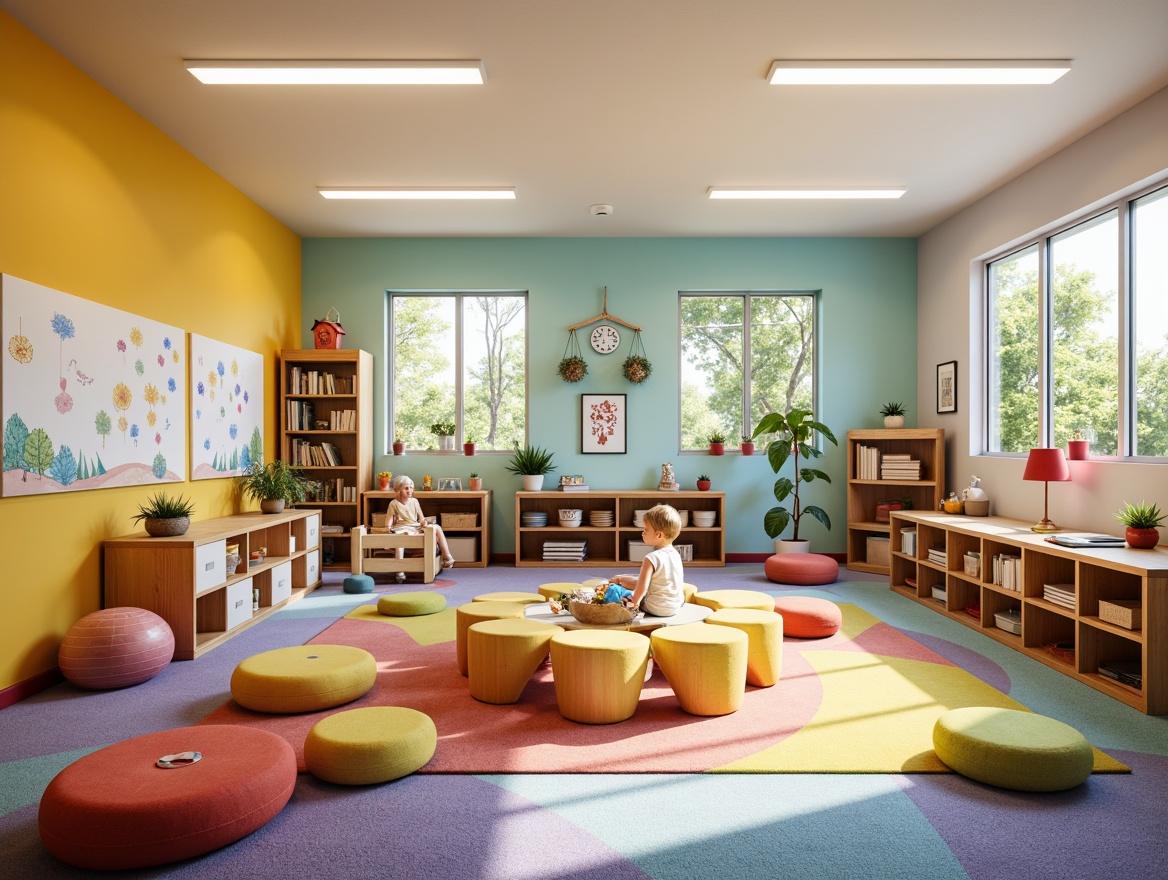 Prompt: Vibrant kindergarten interior, colorful walls, soft carpet flooring, rounded wooden furniture, playful storage bins, educational decorations, interactive whiteboards, child-friendly lighting fixtures, gentle color scheme, cozy reading nooks, comfortable seating areas, stimulating sensory experiences, natural wood accents, eco-friendly materials, safe and durable surfaces, creative art displays, engaging play equipment, collaborative learning spaces, 1/1 composition, warm and inviting atmosphere, softbox lighting, realistic textures.