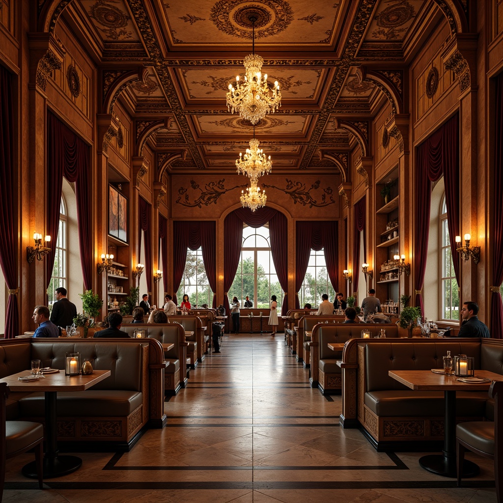 Prompt: Grand pub interior, neoclassical architecture, ornate chandeliers, rich wood paneling, luxurious velvet drapes, polished marble floors, intricate moldings, ornamental columns, symmetrical compositions, warm golden lighting, soft focus, 1/2 composition, atmospheric perspective, realistic reflections, ambient occlusion.