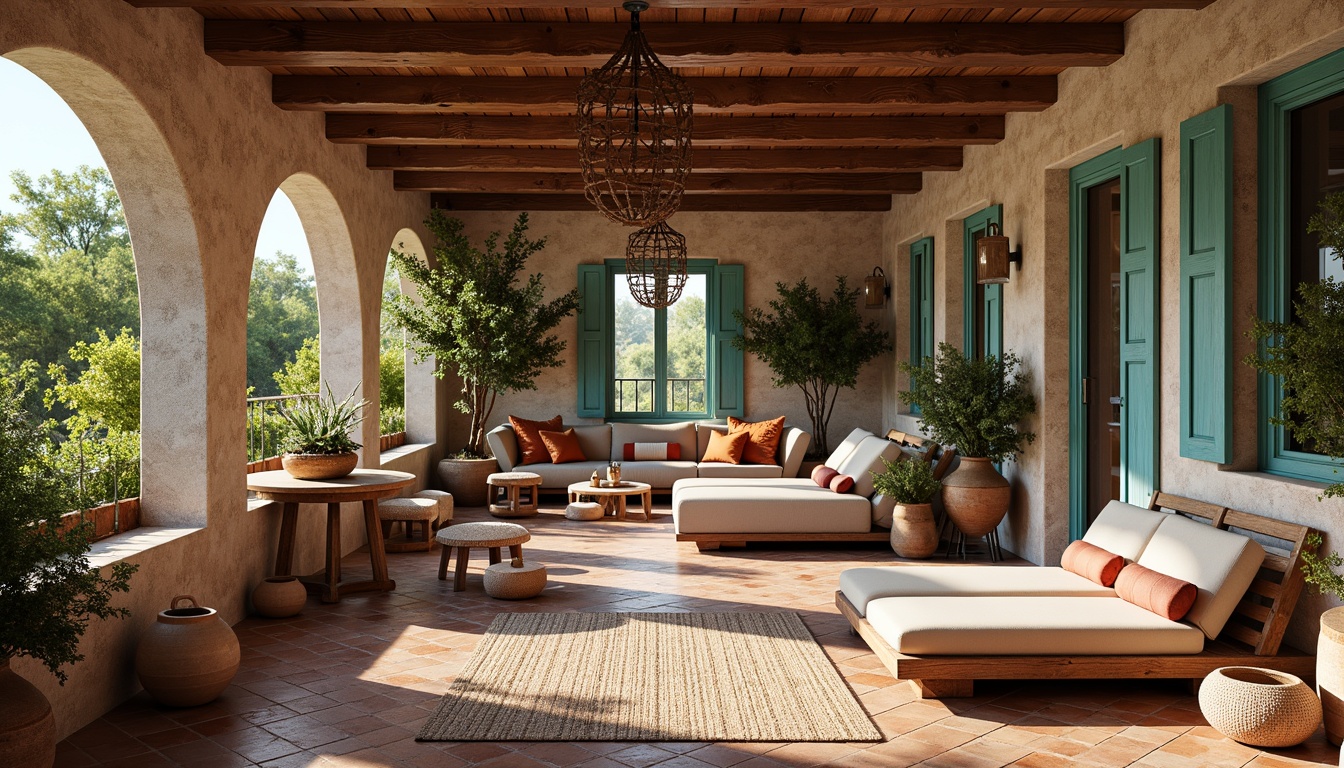 Prompt: Warm Mediterranean villa, ornate tile work, distressed wood accents, rustic stone walls, arched windows, vibrant turquoise shutters, lush greenery, potted olive trees, colorful ceramics, woven textiles, natural fiber rugs, elegant chandeliers, soft warm lighting, shallow depth of field, 3/4 composition, panoramic view, realistic textures, ambient occlusion.