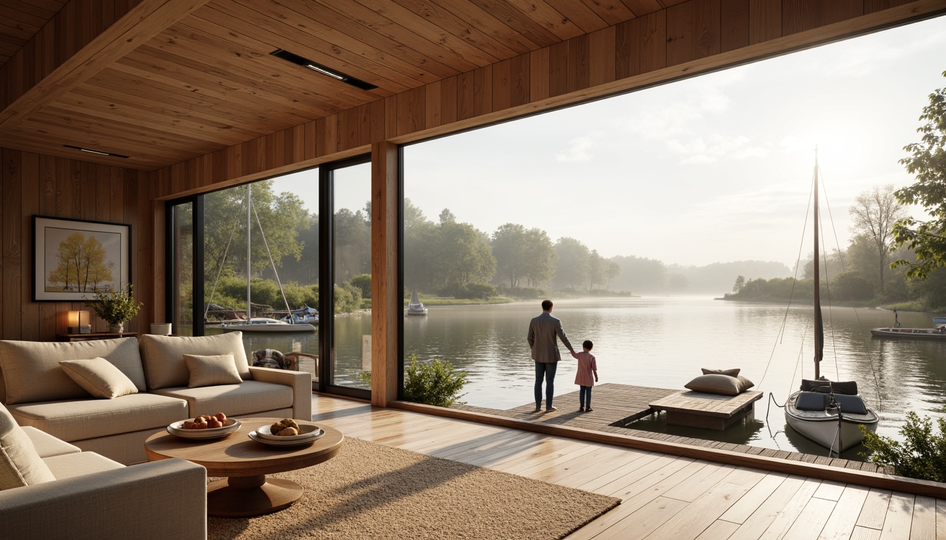 Prompt: Cozy boathouse, natural wood accents, Scandinavian minimalism, warm beige tones, soft diffused light, floor-to-ceiling windows, lakefront views, surrounding forest trees, rustic wooden docks, sailboats, water reflections, gentle morning mist, warm afternoon sunbeams, shallow depth of field, 1/2 composition, realistic textures, ambient occlusion.