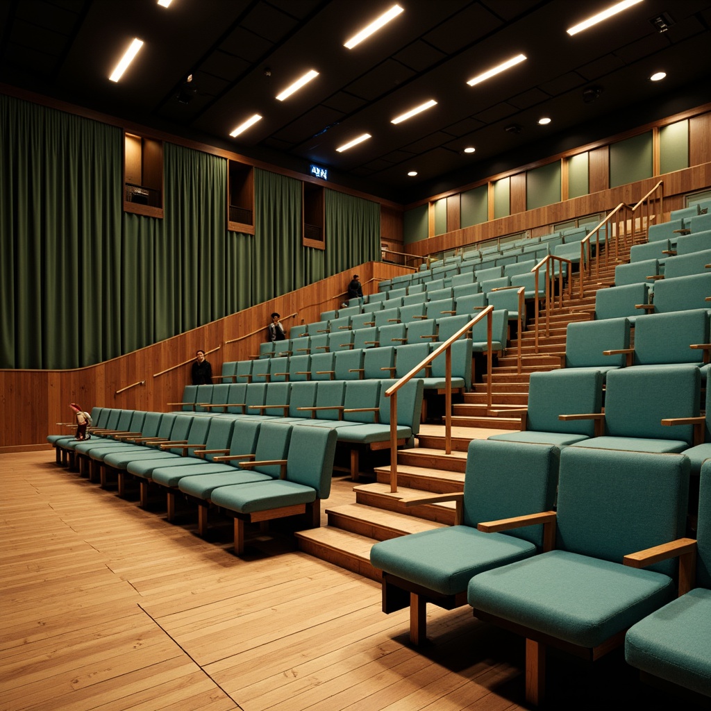 Prompt: Curved amphitheater seating, streamline moderne design, sleek metal railings, polished wooden floors, vibrant turquoise upholstery, ergonomic chair designs, tiered rows, staggered seating arrangement, optimal viewing angles, soft warm lighting, shallow depth of field, 3/4 composition, panoramic view, realistic textures, ambient occlusion.