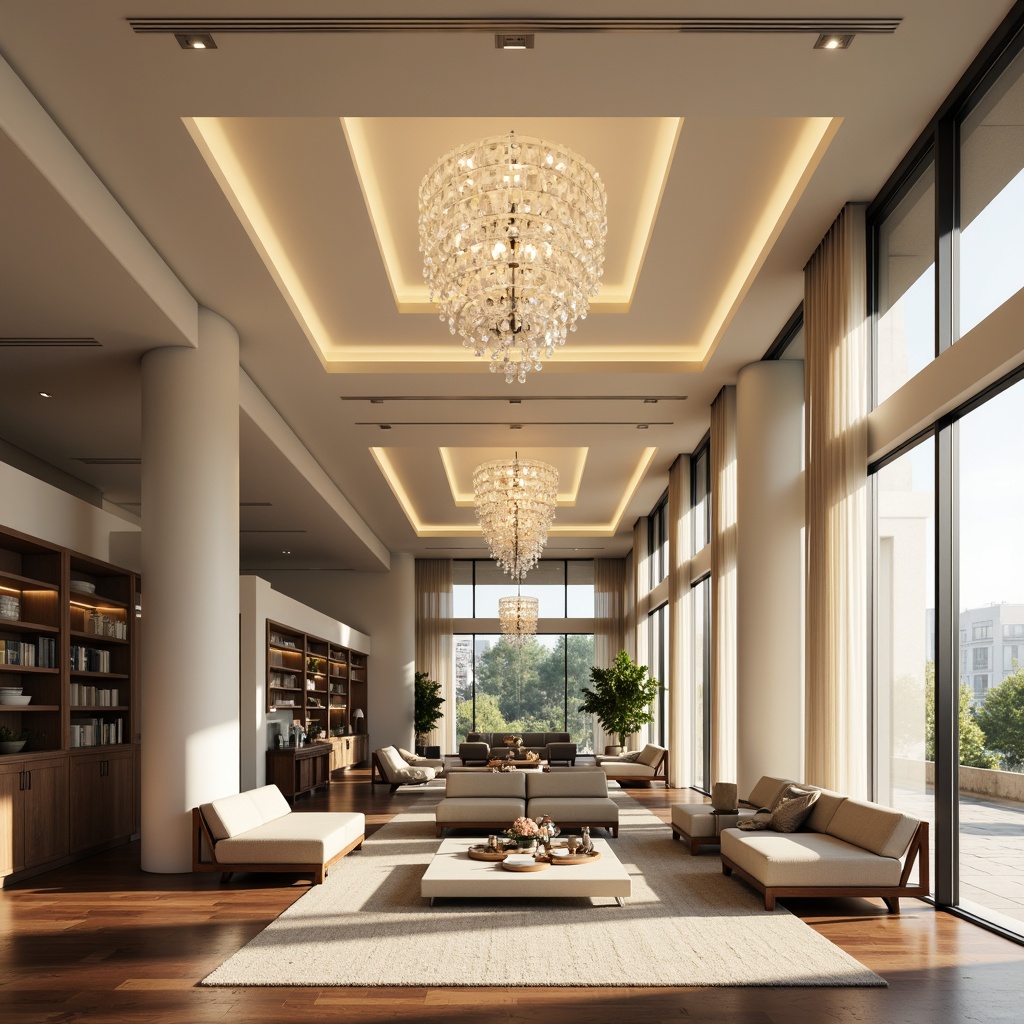 Prompt: Modern interior design, luxurious chandelier, soft warm glow, ambient lighting, creamy white walls, polished wooden floors, sleek metal fixtures, minimalist aesthetic, pendant lamps, recessed lighting, floor-to-ceiling windows, natural daylight, bright airy atmosphere, cozy reading nooks, warm beige tones, textured fabrics, metallic accents, industrial chic elements.