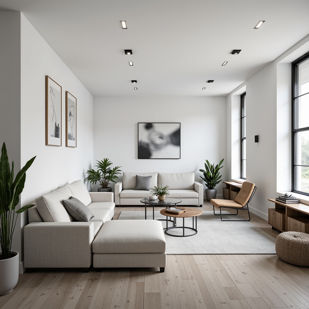 Prompt: Monochromatic interior, sleek furniture, low-profile sofas, minimalist coffee tables, industrial metal chairs, Scandinavian-inspired wood accents, neutral color palette, matte finishes, hidden storage, clutter-free spaces, natural light pouring, subtle texture contrasts, 1/1 composition, softbox lighting, ambient shadows, realistic reflections, modern simplicity.