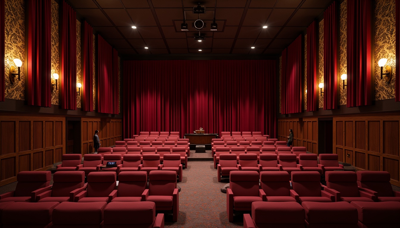 Prompt: Luxurious theater interior, velvety red curtains, ornate golden details, plush seating, acoustic panels with intricate wooden patterns, sound-absorbing materials, minimalist modern design, subtle ambient lighting, 3/4 composition, shallow depth of field, realistic textures, warm color tones, intimate setting, softbox lights, cinematic experience, high-fidelity audio equipment, precise sound calibration.