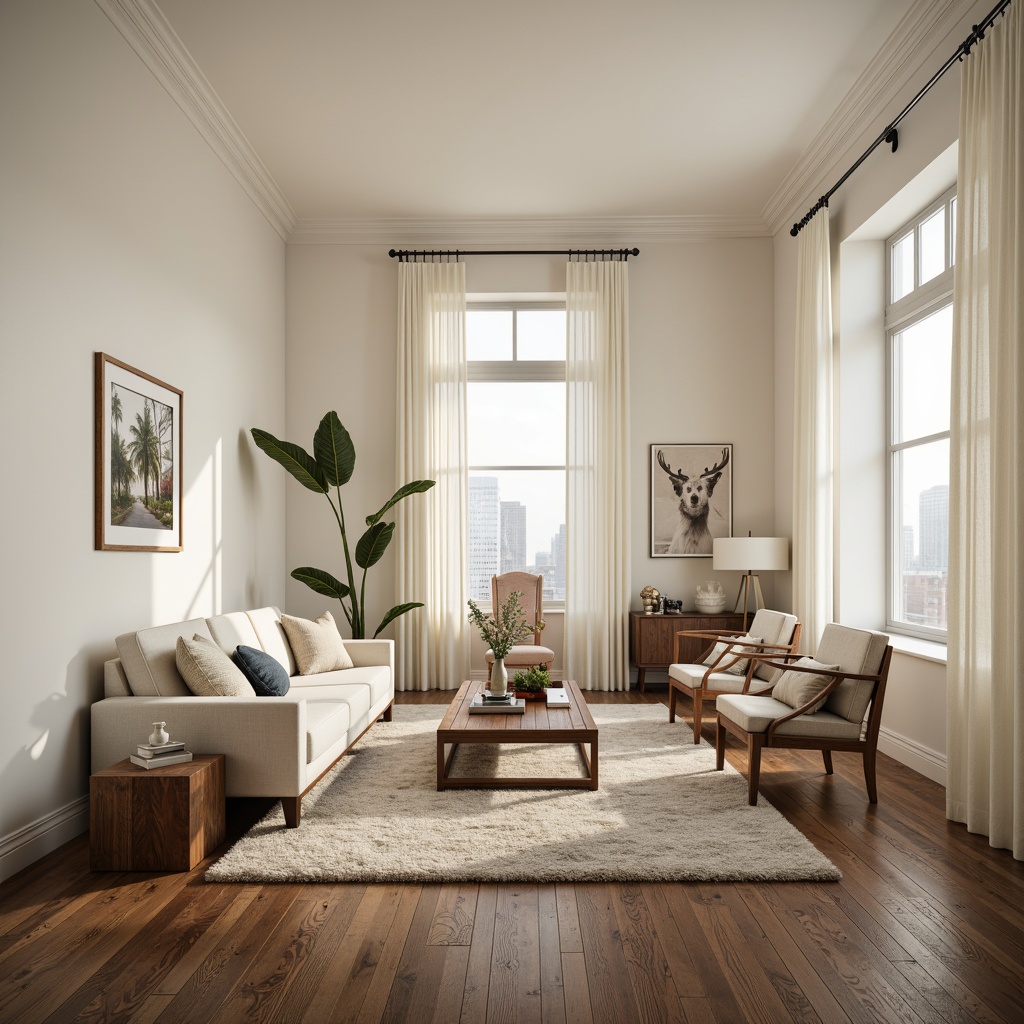 Prompt: Elegant living room, creamy white walls, dark wood floors, plush area rugs, comfortable sofas, accent chairs, wooden coffee tables, minimalist decor, neutral color palette, soft warm lighting, shallow depth of field, 1/1 composition, realistic textures, ambient occlusion.